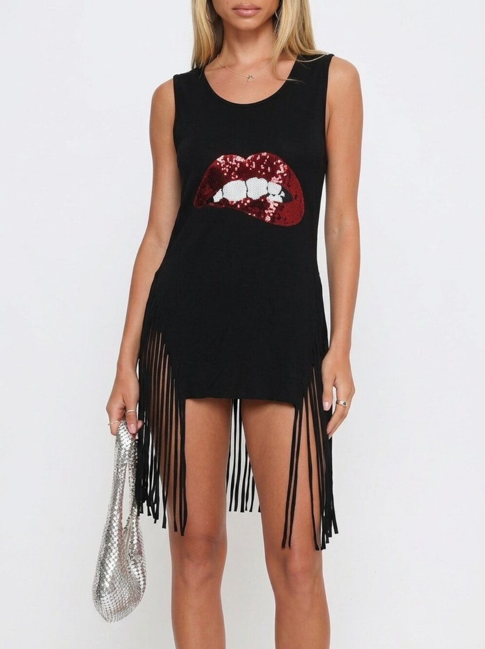 Black Fringe Mini Skirt with Sequin Lip Detail